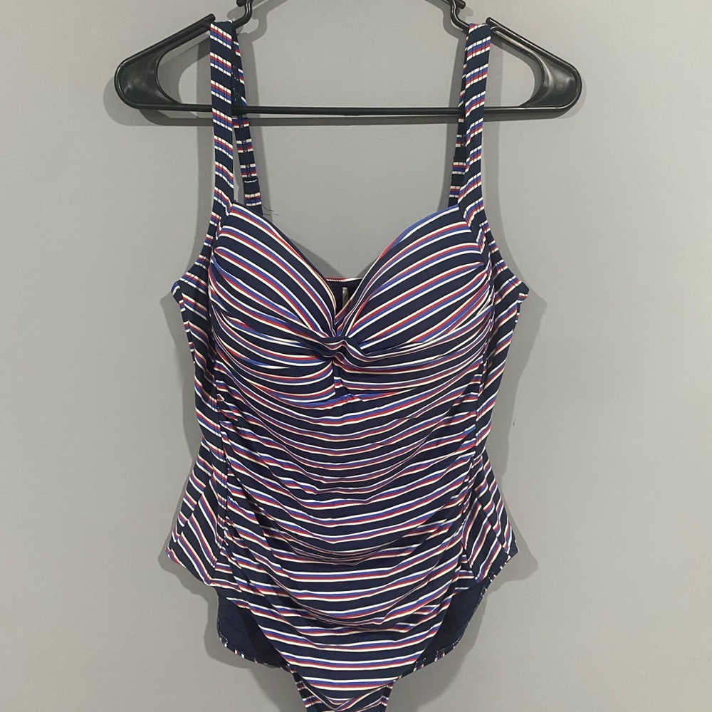 Blue and White One Piece Swimsuit with Ruched Front